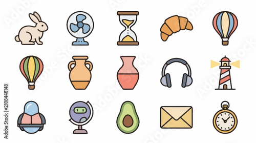 Colorful flat icons collection of various objects and symbols.