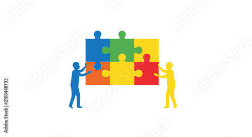 Bild auf Leinwand Two people holding puzzle pieces together.