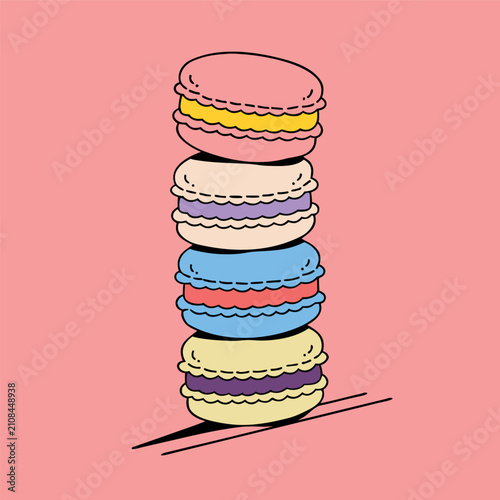 Cute pastel macarons stack vector illustration, four colorful French macarons with different cream fillings, 