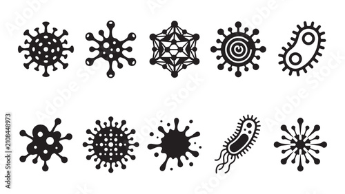 Set of various virus and bacteria icons, microscopic pathogens and germs in black and white vector illustration
