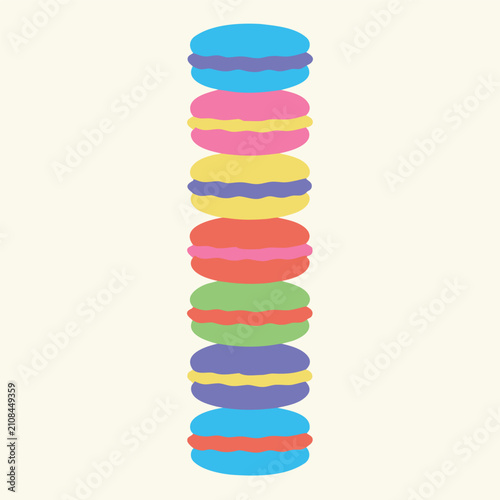 Cute pastel macarons stack vector illustration, four colorful French macarons with different cream fillings, 