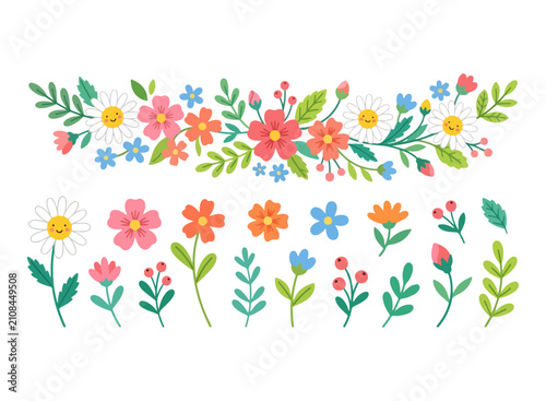 Cute Hand Drawn Spring Flower Clipart Set with Floral Border, Daisy Flowers, Leaves and Botanical Elements