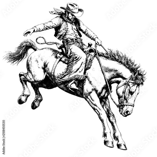 Cuadro en lienzo vector, illustration, riding, horse, animal, rider, cowboy, Bronco, Rodeo