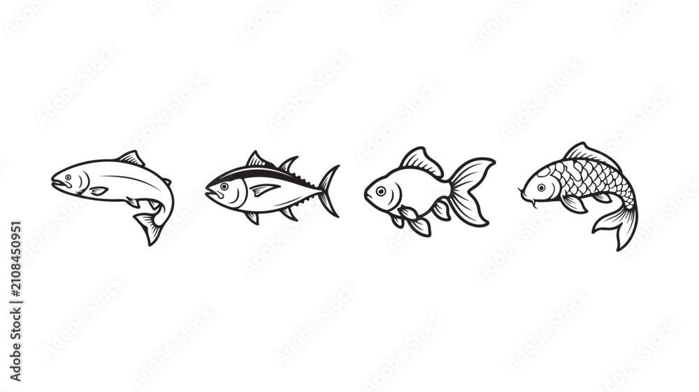 Obraz premium Four different line drawn fish swimming in various directions on white background for design use