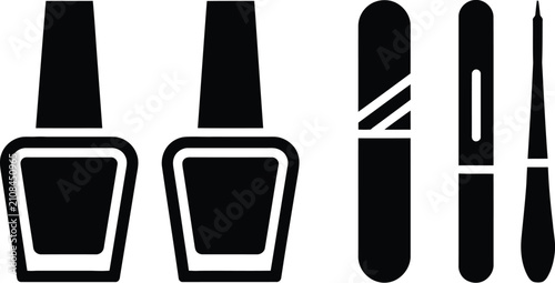 Konstfotografi Set of manicure and nail care icons with nail polish bottles, file, buffer, and cuticle pusher silhouette vector illustration