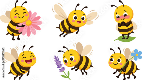 Kawaii Bumblebee Cartoon Mascot Collection with Cute Honey Bee Characters, Lavender, and Spring Flowers for Organic Product Labels and Kids Stationery Graphics