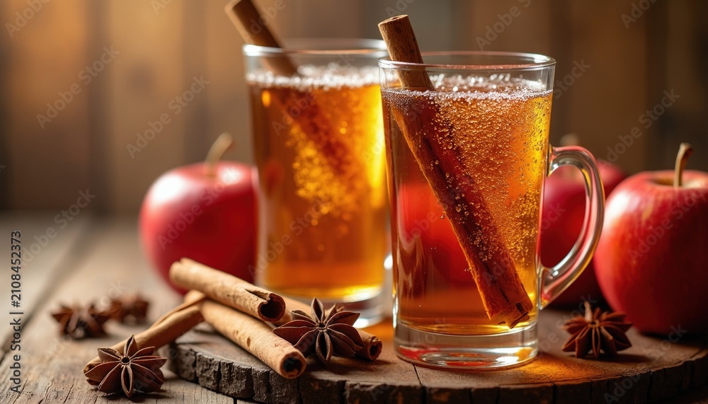 Fototapeta premium Glass mugs of sparkling apple cider with cinnamon sticks on rustic wooden table. Fresh red fruits, star anise garnish drink for autumn season. Cold bubbly beverage refreshment served at table during