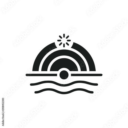 Abstract Rainbow Arch Over Water Waves and Sunburst Icon