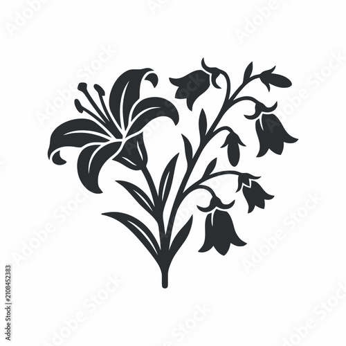 Elegant Lily and Bellflower Silhouette - Floral Vector Design