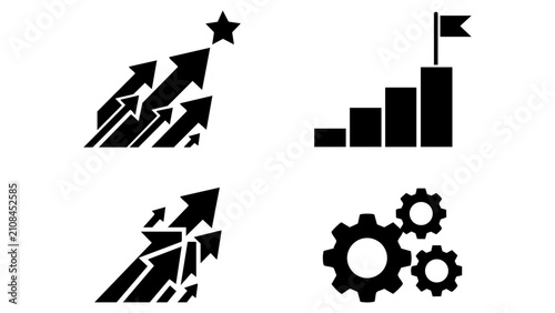 Black business growth and strategy icons set