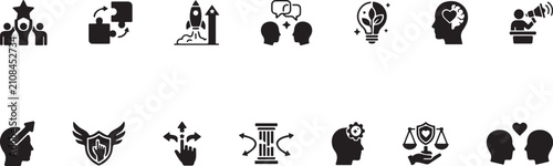 Emotional intelligence and soft skills vector icon set. Leadership and growth mindset, corporate culture and mentoring symbol.