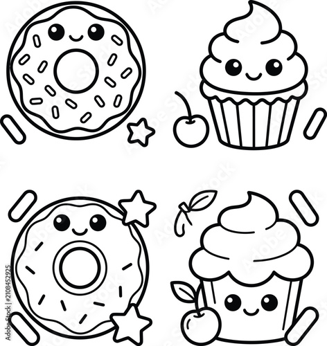 Fotografía Cute kawaii coloring page with smiling donuts, delicious cupcakes, cherries, and sprinkles for kids