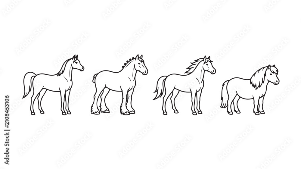 Fototapeta premium Four horses standing in line, simple black outline illustration for design and editorial use