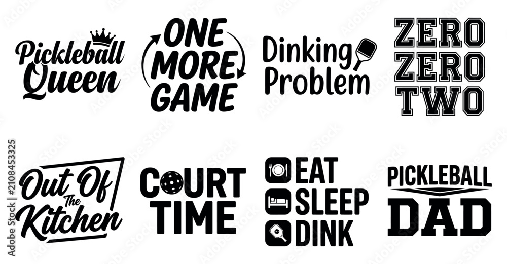 Obraz premium Set of black pickleball quotes and typography designs for t-shirt prints and sports merchandise labels Minimal Typography text bundle collection. Editable Vector Illustration Mega pack