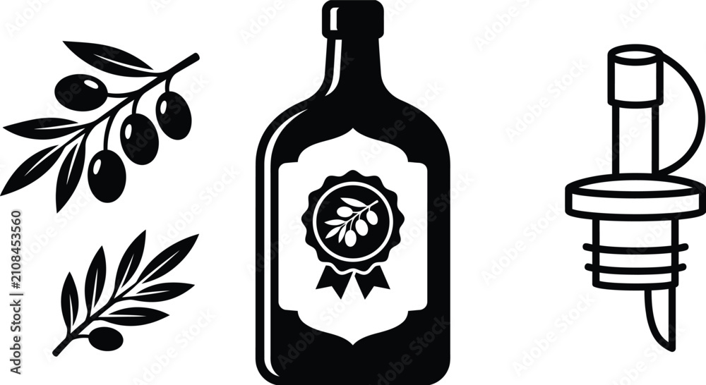 Fototapeta premium Olive oil bottle vector icon assortment with branches, olives and pouring spout silhouette elements.