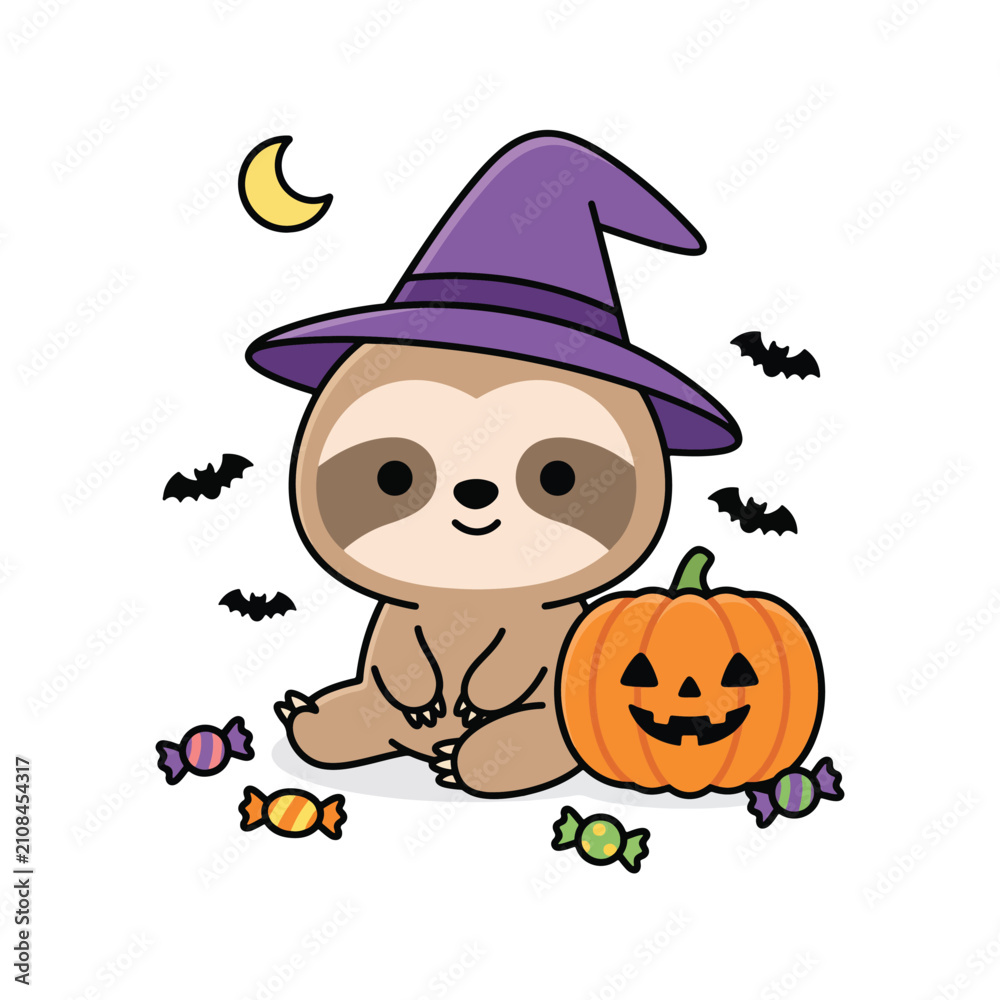 Fototapeta premium Adorable baby sloth hugging a pumpkin for Halloween. Cute wildlife in festive setting.