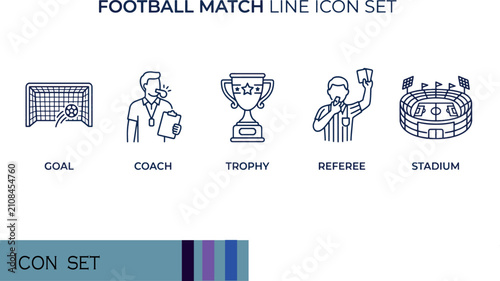 Print Football Match Line Icon Set Goal Coach Trophy Referee Stadium Vector