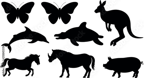Canvastavla Animal silhouette set featuring butterfly kangaroo dolphin turtle horse rhinocer
