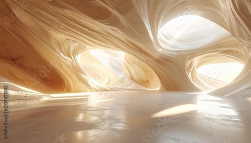 Abstract Organic Interior Architecture Featuring Fluid Curved Walls and Natural Light Diffusion in a Futuristic Minimalist Space