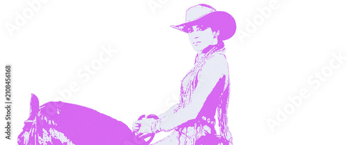 Canvas Print Stylized pink cowgirl silhouette on horse, western woman rider in cowboy hat, ar