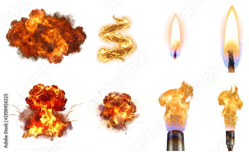 Collection of realistic fire, explosion and flame elements isolated on transparent background featuring blasts, smoke, torch flames and candle fire for games, VFX, compositing and design.