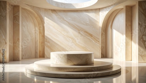 Luxurious marble podium stage in modern architecture hall with natural sunlight for product display