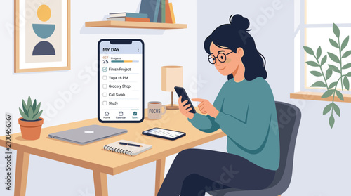 Woman using smartphone to manage daily tasks and schedule appointments on a desk