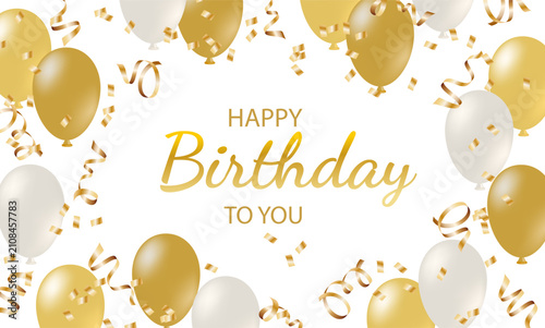 Festive elegant Gold, white balloon and confetti background for birthday party celebrations