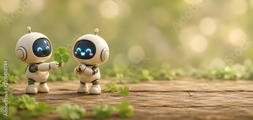 robots holding clover in nature setting