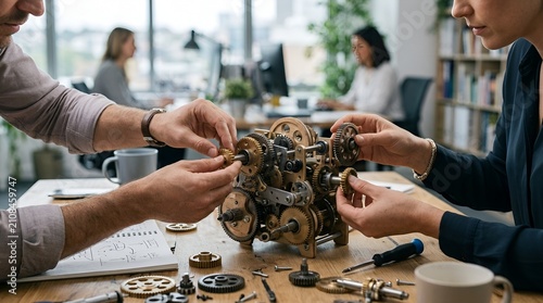 Engineers assembling intricate mechanical gears and clockwork mechanism