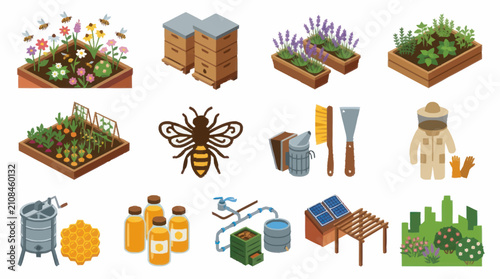 Bild auf Leinwand Colorful illustration of beekeeping and gardening tools and plants
