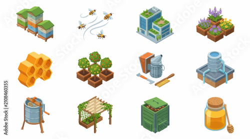 Obraz na płótnie Colorful Isometric Farming and Beekeeping Icons Set.