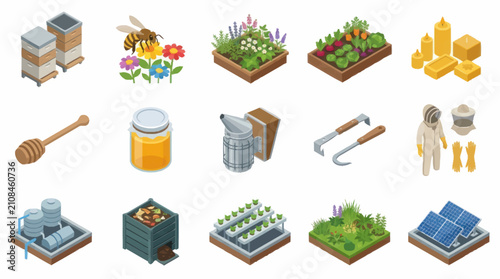 Obraz na plátně Colorful pixel art icons of beekeeping and agriculture.