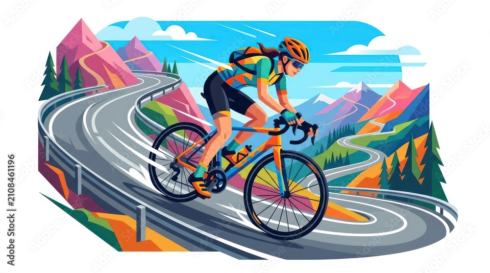 Fototapeta premium Cyclist riding downhill on mountain road. Professional athlete cycling on winding path.
