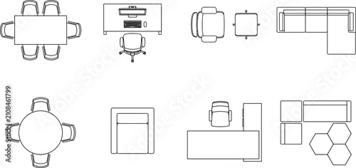 Office and Home Furniture Top View Plan Icons Set with Desks Chairs and Sofas Blueprint Line Art Vector
