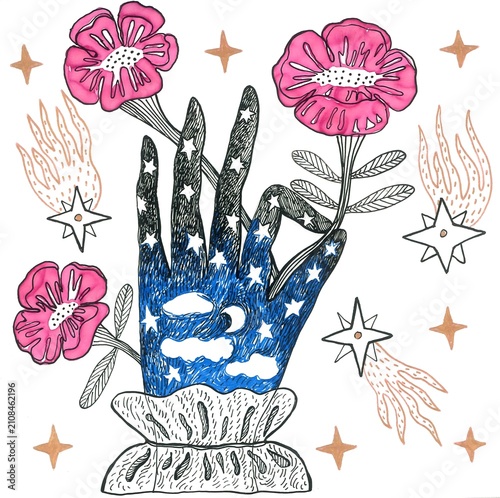 The illustration is hand-drawn in ink. A magical hand holds flowers.