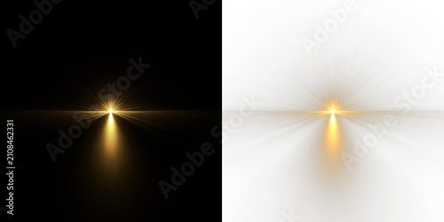 Quadro su tela Golden bright light shining on a clear surface with rays extending outward in al