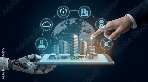 Robot hand presents smart city model with human finger interacting with digital icons