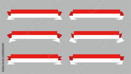 Collection of horizontal red and white flat ribbon banner elements in a clean modern style, inspired by the colors of the Indonesian flag. Editable vector, ideal for labels, badges and graphic design.
