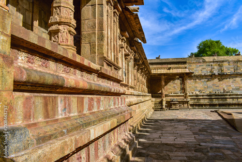 Ornately carved stone corridor and sculpted pillars at the Airavatesvara Temple in Darasuram, near Kumbakonam, Thanjavur district, Tamil Nadu, India, showcasing remarkable 12th-century Chola architect