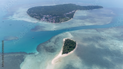 Aerial shot of Kerayaan Beccu Beach, a white-sand beach in Kotabaru, South Kalimantan