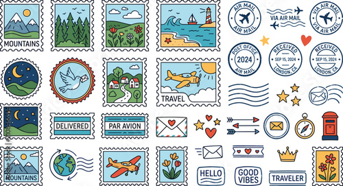 Cuadro en lienzo Vintage Travel Postage Stamp Vector Set with Postmarks, Airmail Envelopes, Natur