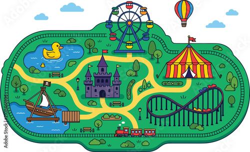 Foto Amusement Park Map Layout Vector Illustration Featuring Ferris Wheel, Roller Coa
