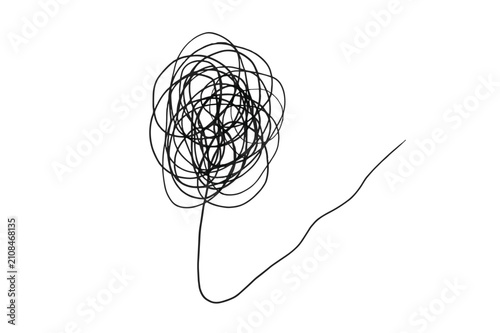 Foto Black ink scribble of a chaotic circular tangled knot with a single trailing lin