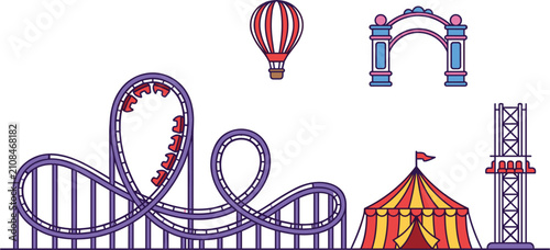 Fotografía Amusement Park Attractions Set Featuring Looping Roller Coaster Track, Striped C