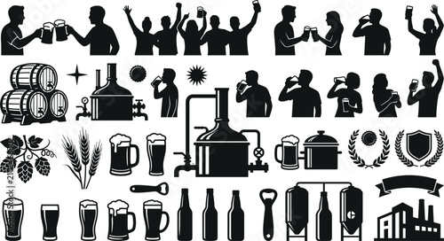 Foto Set of beer icons, brewery equipment, people drinking beer, glasses, bottles, ba