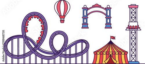Fotografía Amusement Park Attractions Vector Icon Set Featuring Looping Roller Coaster, Cir