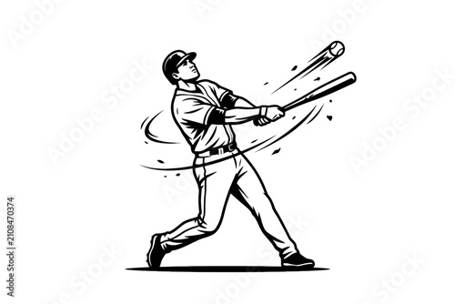 Baseball Batter Swinging Bat to Hit Ball Monochrome Illustration