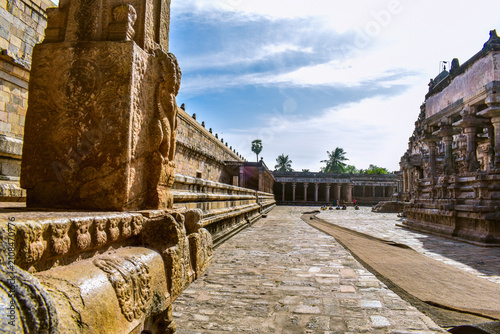 Intricately carved granite structures and a stone-paved courtyard at the Airavatesvara Temple in Darasuram, near Kumbakonam, Thanjavur district, Tamil Nadu, India, a UNESCO World Heritage Site