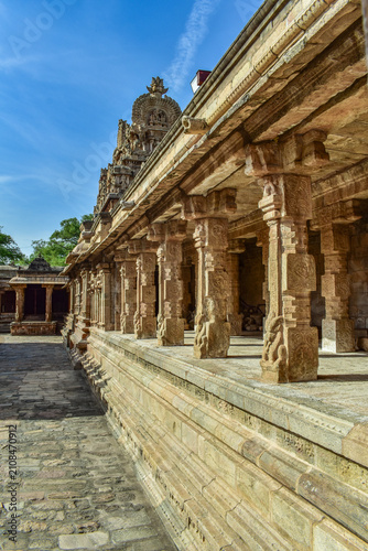 Ancient granite pillars and temple mandapa at the Airavatesvara Temple in Darasuram, near Kumbakonam, Thanjavur district, Tamil Nadu, India, part of the UNESCO-listed Great Living Chola Temples
